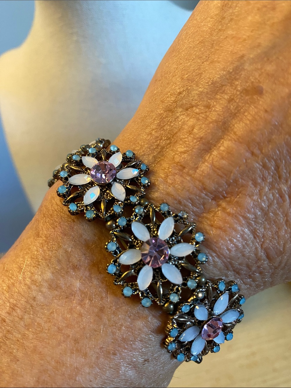 Vintage Floral Rhinestone Statement Bracelet Pastel Crystal Gold Tone